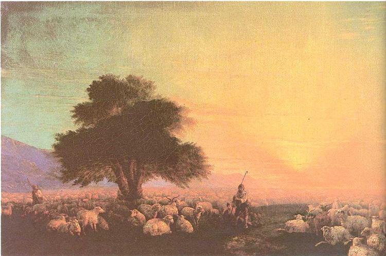 Flock of sheep with disturbed shepherds - 1870