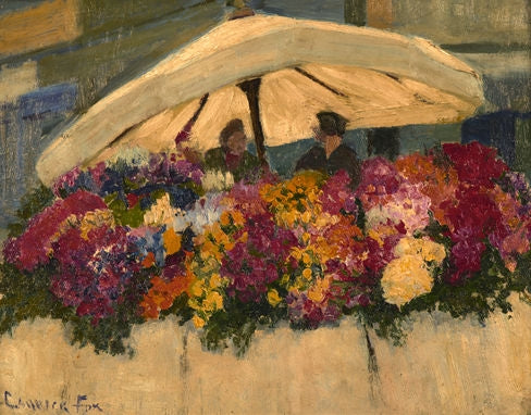 Flower markets with white umbrella