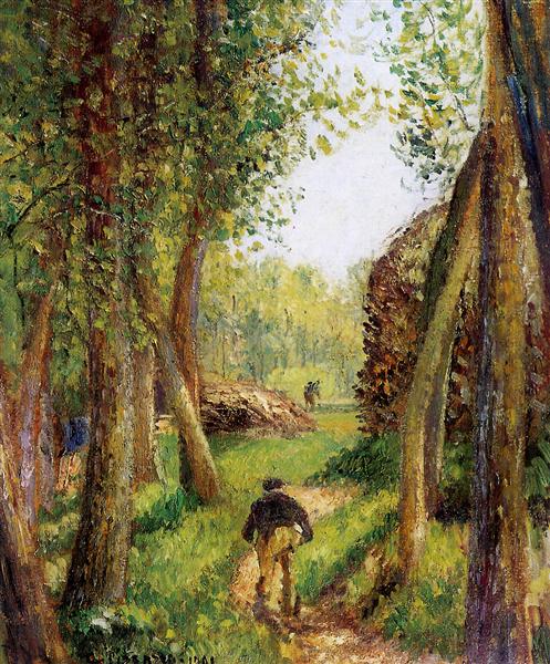 Forest scene with two figures.