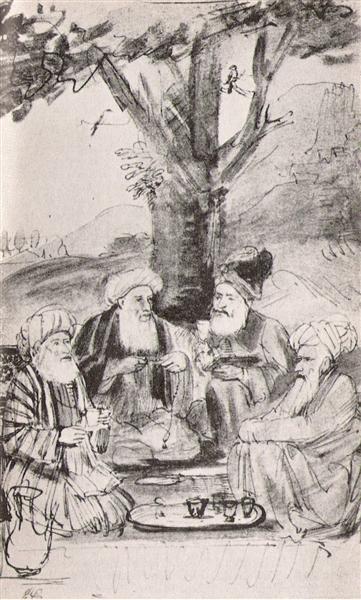 Four Orientals sitting under a tree. Paper ink - 1661