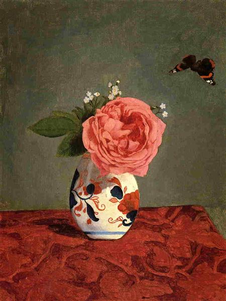 Garden rose and blue nomemplies in a vase - 1878