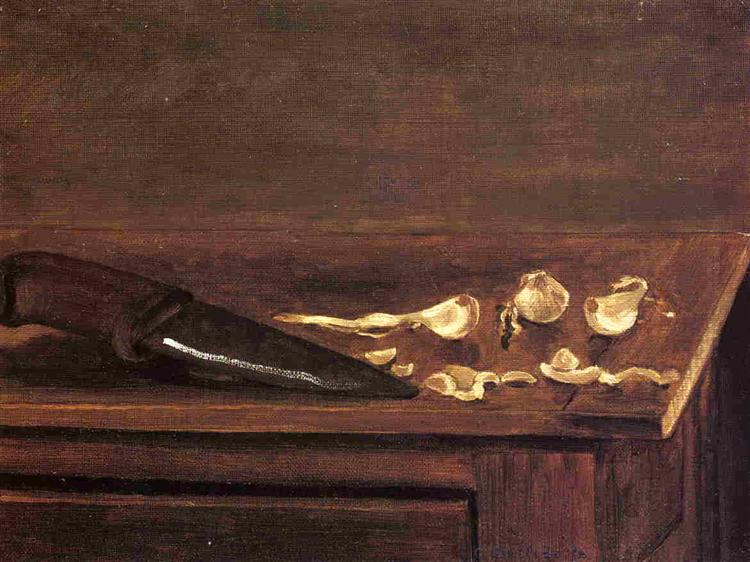 Garlic and knife teeth in the corner of a table - 1878