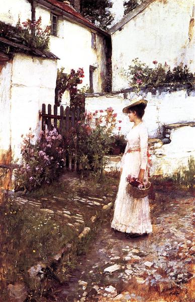 Indsamling af sommerblomster i en Devonshire -have - 1893