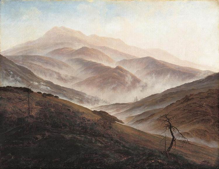 Paisagem de montanhas gigantes com neblina crescente - 1820