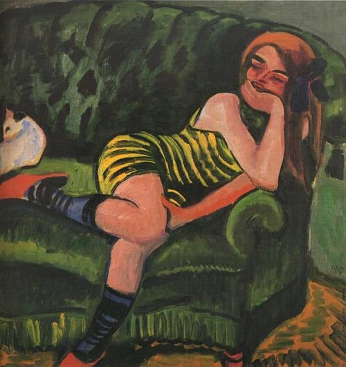 Mädchen auf einem grünen Sofa mit einer Katze - 1910