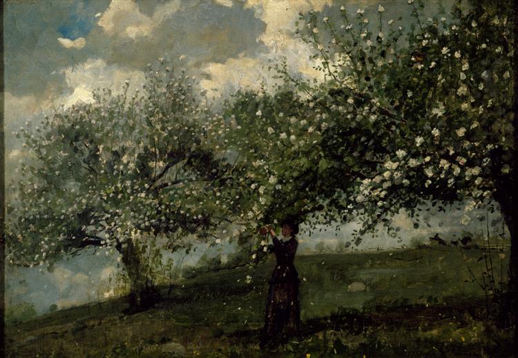 Girl picking apple flowers - 1879