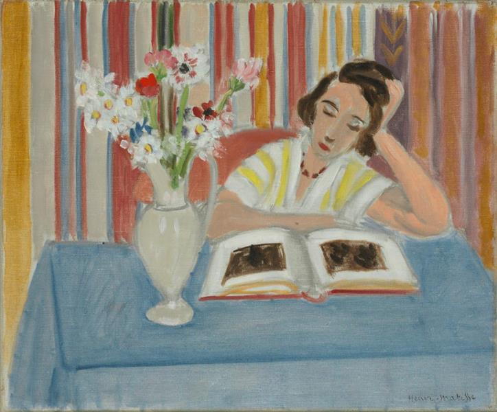 Girl reading, vase of flowers 1922 