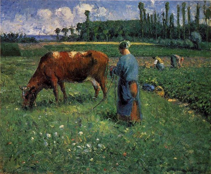 Fille qui prend soin d'une vache dans l'herbe - 1874