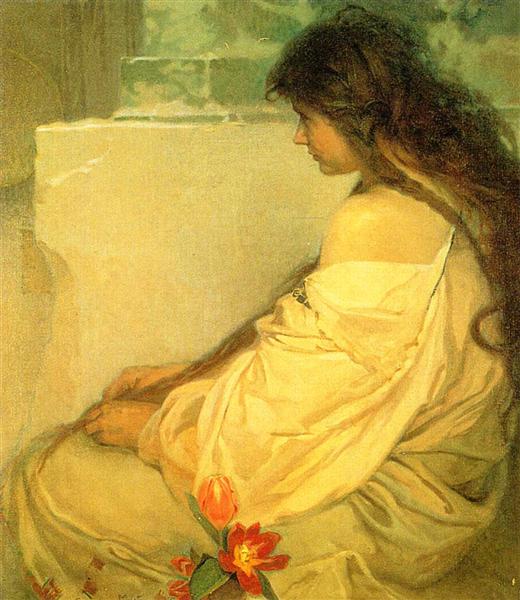 Ragazza con capelli sciolti e tulipani - 1920