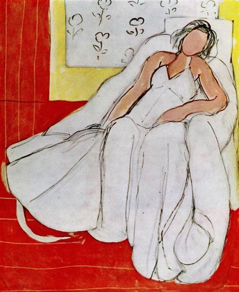 Fille en robe blanche sur fond rouge 1944 