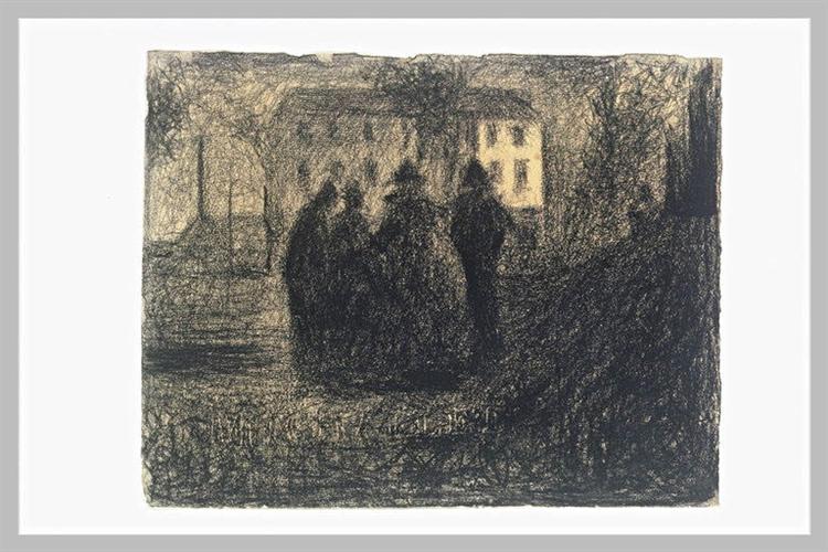 Group of figures in front of a house and some trees.