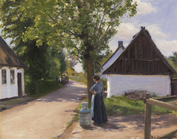 Dänische Dorfstraße mit Bäuerin und Milchmann - 1880