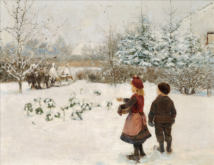 Deux enfants nourrissant les oiseaux dans la neige.