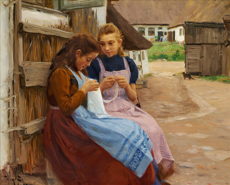 Two girls with embroidery sitting in the courtyard of a farm - 1902