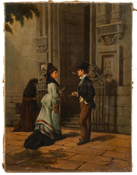 Man with a cup hat talking to a woman