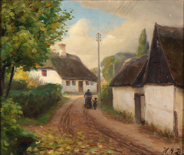 A village path with a woman and a child walking hand