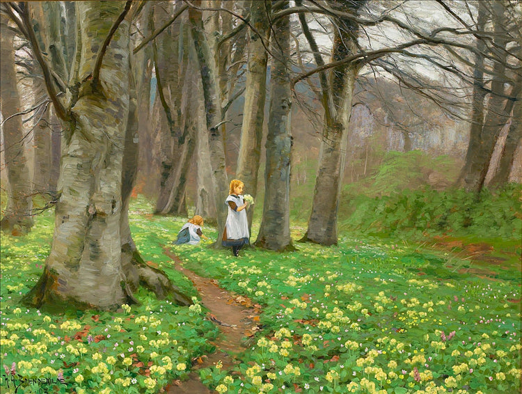 Um piger Plukker Blomster i forårsskov. - 1903