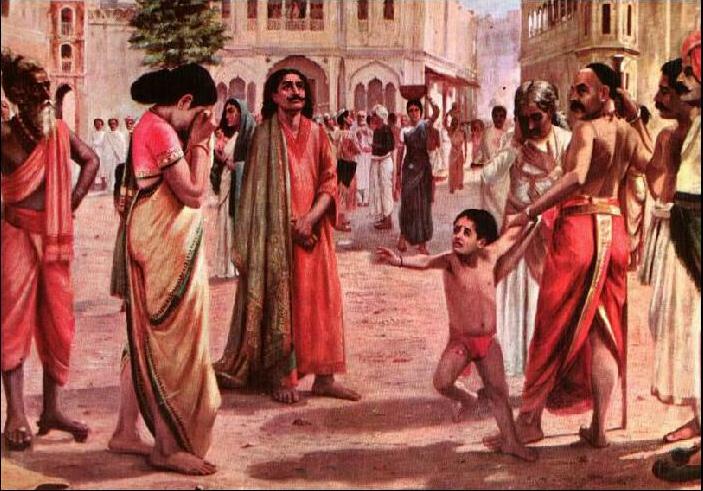 Harischandra in trouble: having lost his kingdom and all the wealth when separating from his only child in an auction