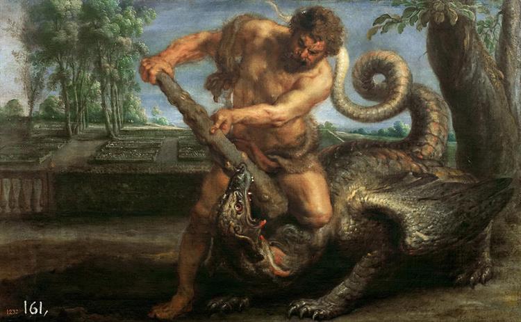 Hercules killing the Dragon of the Hesperides garden