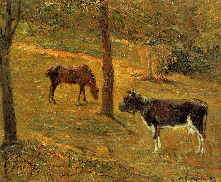 Cheval et vache dans une prairie - 1885