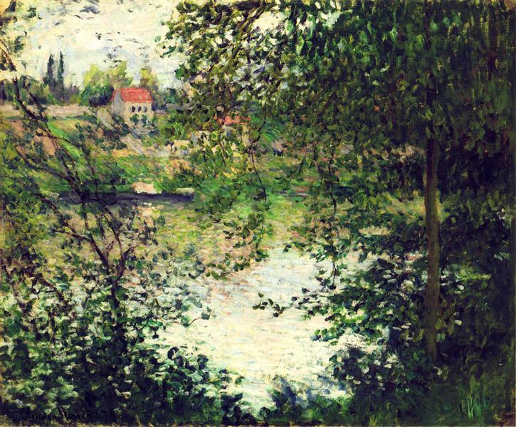 Große Jatte Island durch Bäume - 1878