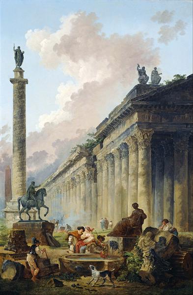 Vue imaginaire de Rome avec la statue équestre de Marco Aurelio: la colonne Trajano et un temple - 1786