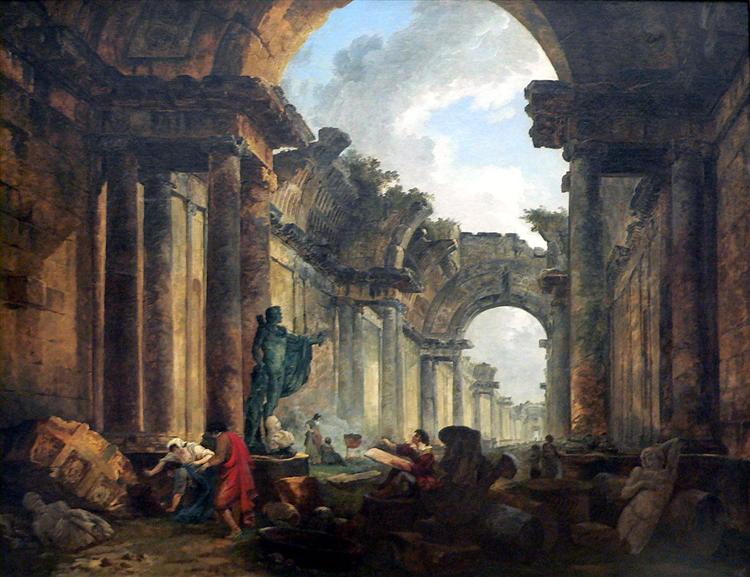 Imaginær udsigt over Great Louvre Gallery i ruiner - 1796