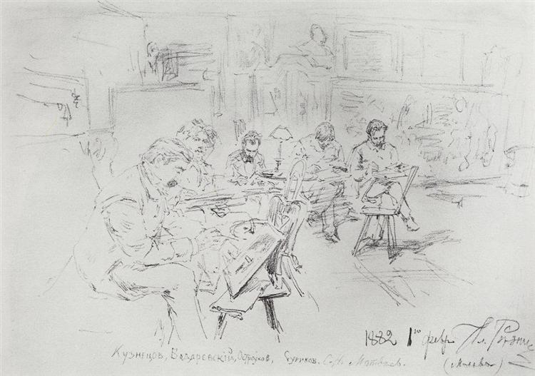 At the Repins Studio. Afternoon of Drawing. - 1882