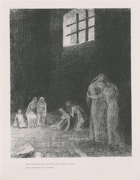 Dans l'ombre, les gens pleurent et prient, entourés d'autres qui les exhortent (feuille 6) - 1896