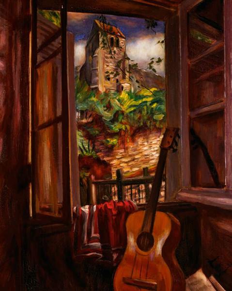 Intérieur avec une guitare.