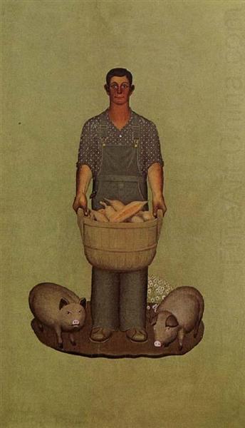 Agriculteur avec des porcs et du maïs - 1932