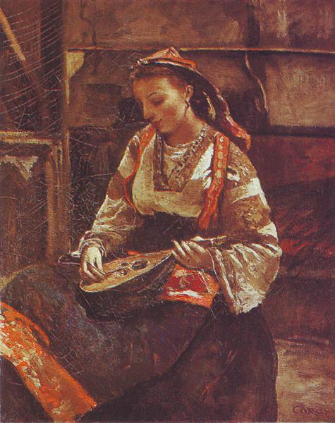 Italiensk kvinde sidder og spiller mandolin - 1870