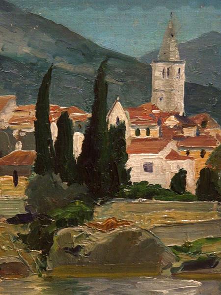 Józef Pankiewicz - Landscape with a church and Cipreses Ca. 1914 - Oil on canvas