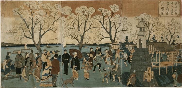 Tríptico Japonés Que Muestra A Japoneses Y Extranjeros Caminando Por El Río Sumida Entre Cerezos En Flor