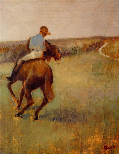 Jockey klædt blåt på en brun hest - 1889