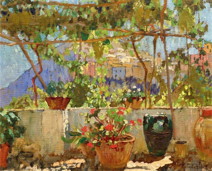 Mediterraner Pergola mit Blick auf eine Bergstadt - 1926