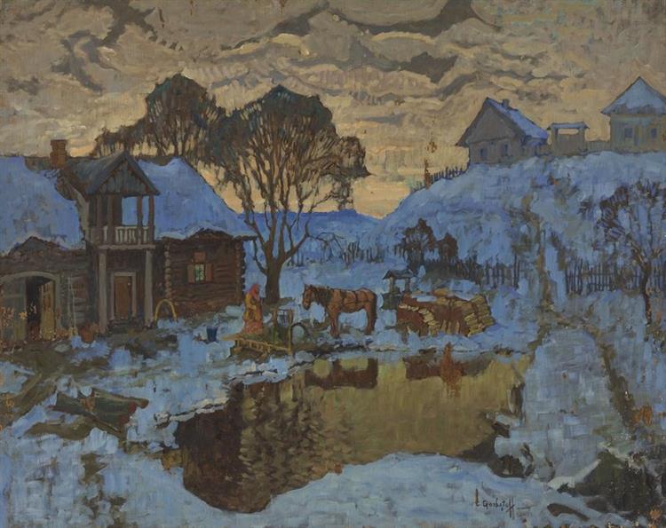 Village. Winter twilight