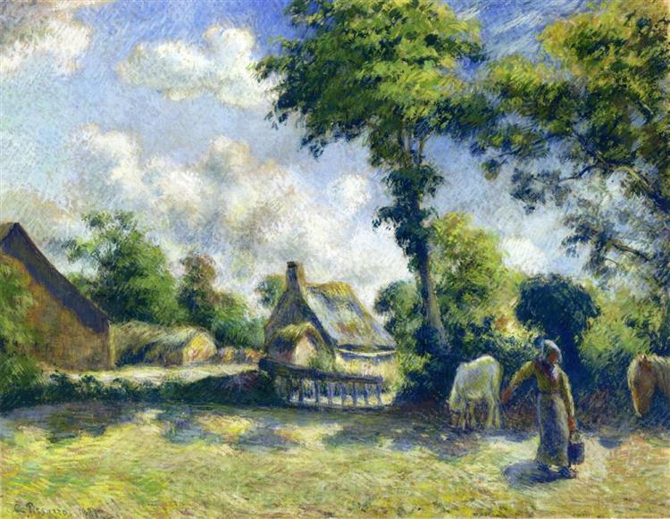 Paysage à melleray - femme transportant de l'eau aux chevaux - 1881