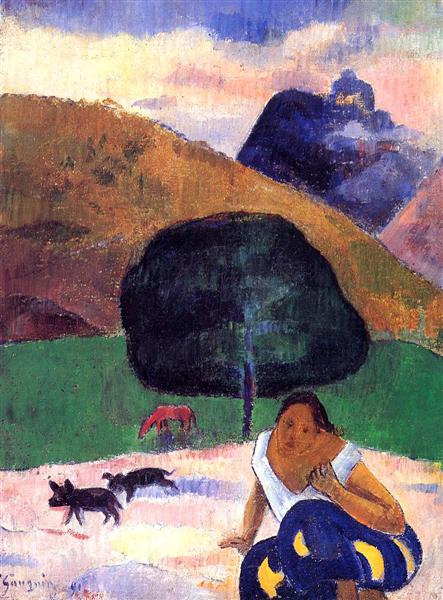 Landscape with Black Pigs and a Crouching Tahitian - 1891