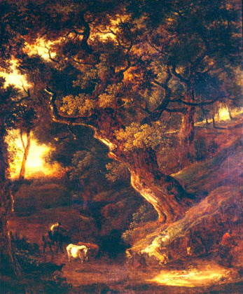 Landschaft mit Kühen und menschlicher Figur.