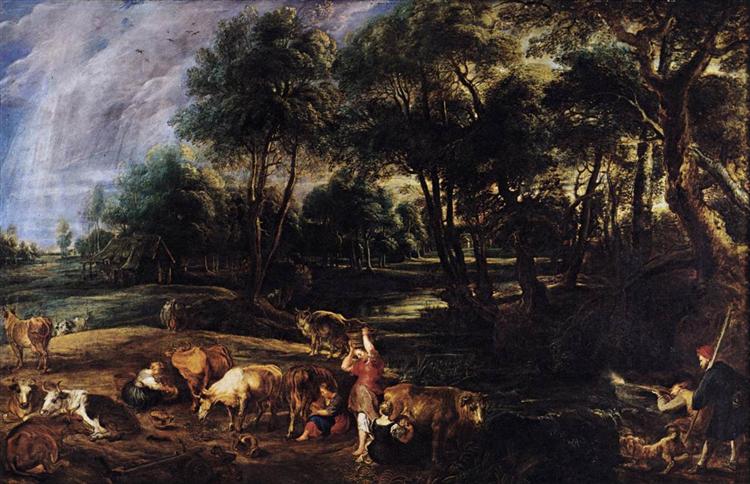 Paysage avec des vaches et des oiseaux sauvages - 1630