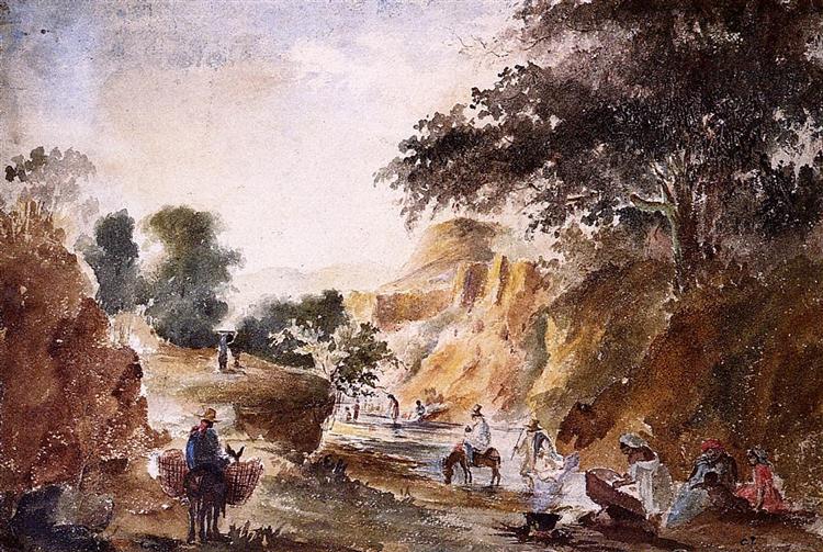 Paisagem com figuras ao lado de um rio - 1854