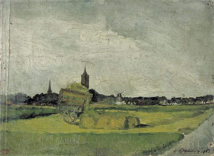 Landscape with hay car - Church and windmill towers - 1901