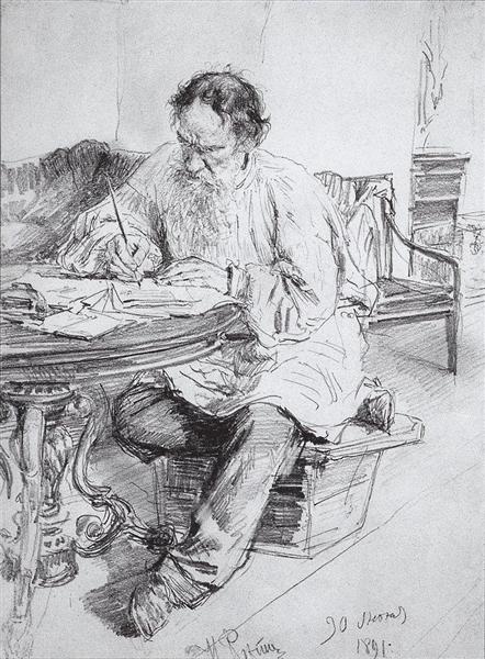 León Tolstoy arbeitet am runden Tisch - 1891