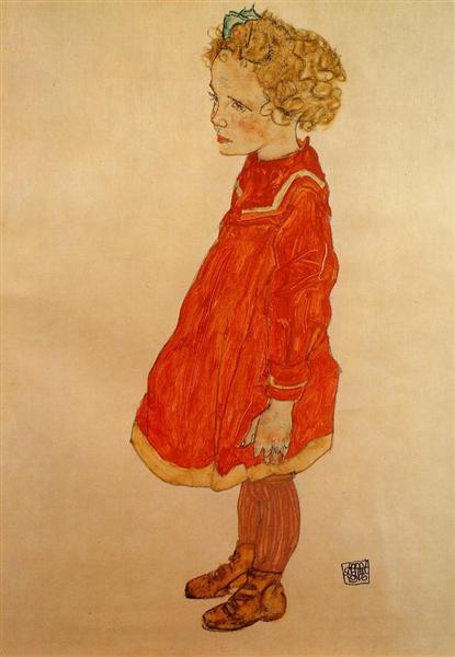 Niña De Pelo Rubio Con Vestido Rojo - 1916