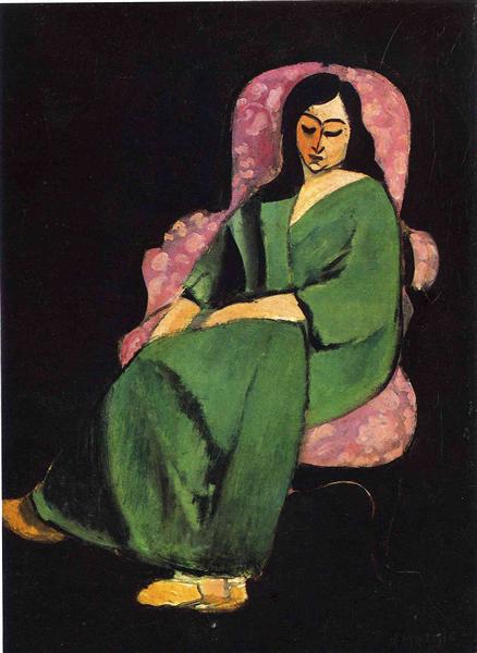 Lorette with a green robe on a black background 1916 