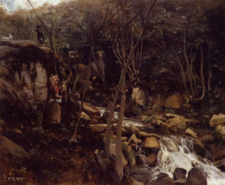 Lormes - Una Cascada Con Un Campesino De Pie - Hilando Lana - 1842