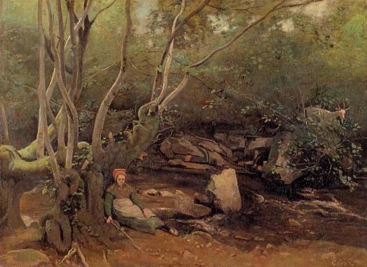 Pastora de Lormes assis sous les arbres à côté d'un ruisseau - 1842