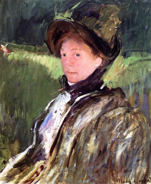 Lydia Cassatt mit einem grünen Hut und einem Mantel - 1880