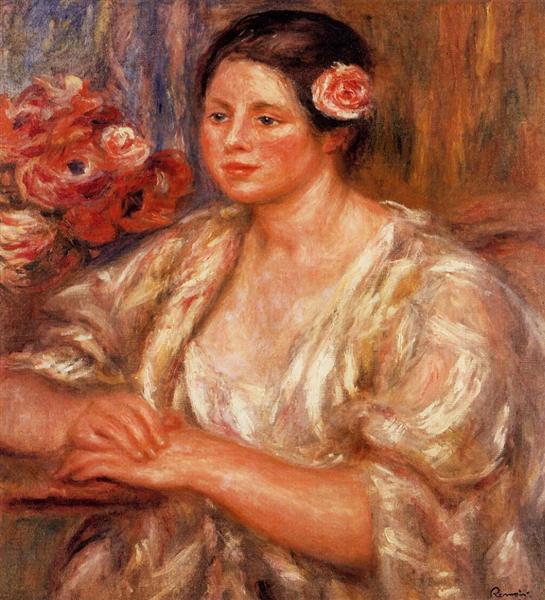 Madelaine con camicetta bianca e bouquet di fiori - 1919